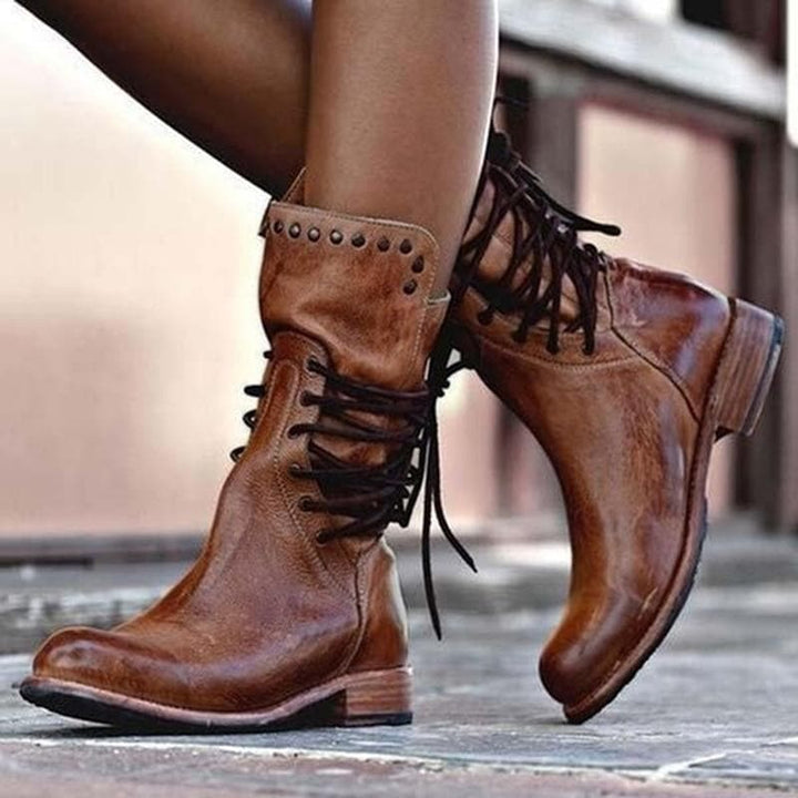 Rebecca's Genuine Leather Lace-Up Studded Ankle Boots