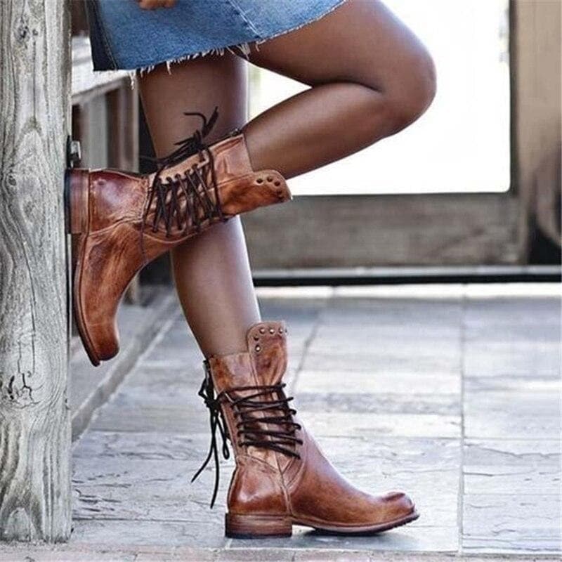 Rebecca's Genuine Leather Lace-Up Studded Ankle Boots