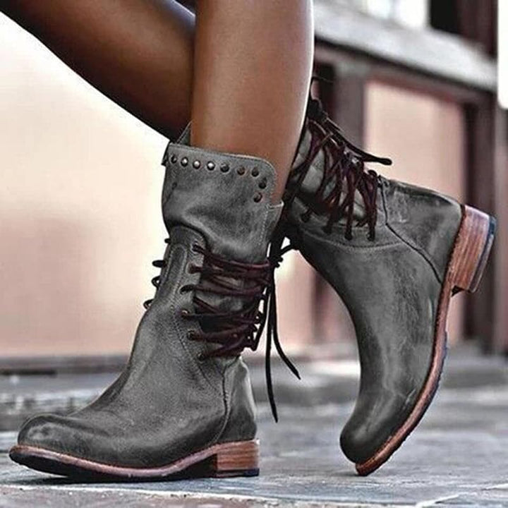 Rebecca's Genuine Leather Lace-Up Studded Ankle Boots