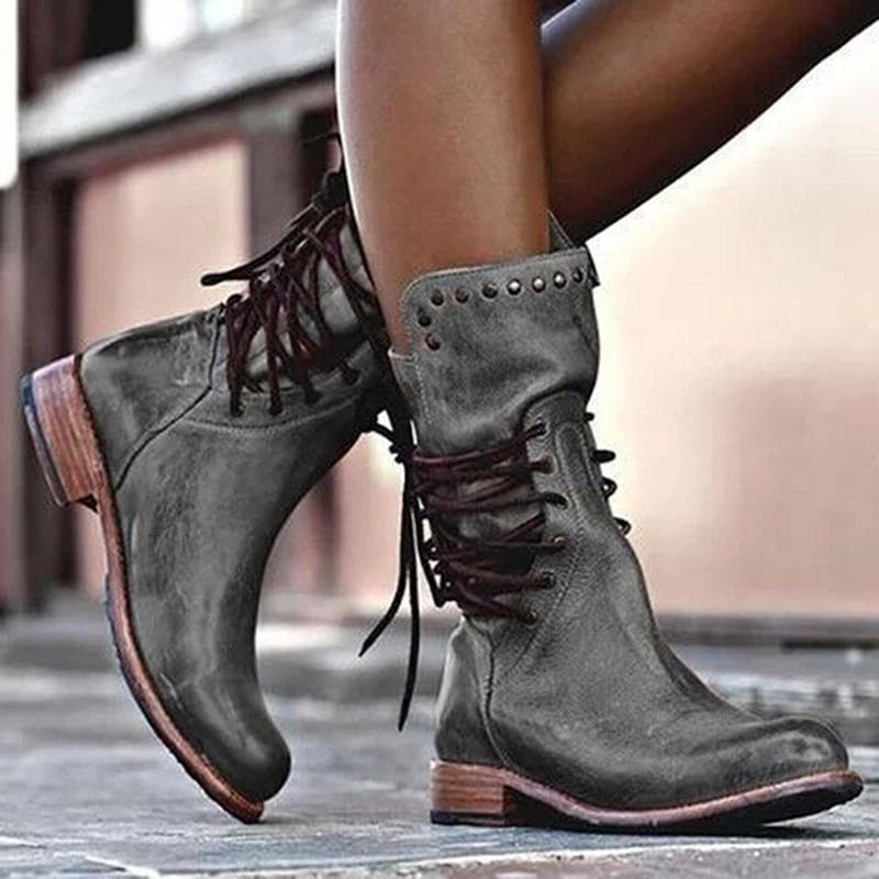 Rebecca's Genuine Leather Lace-Up Studded Ankle Boots