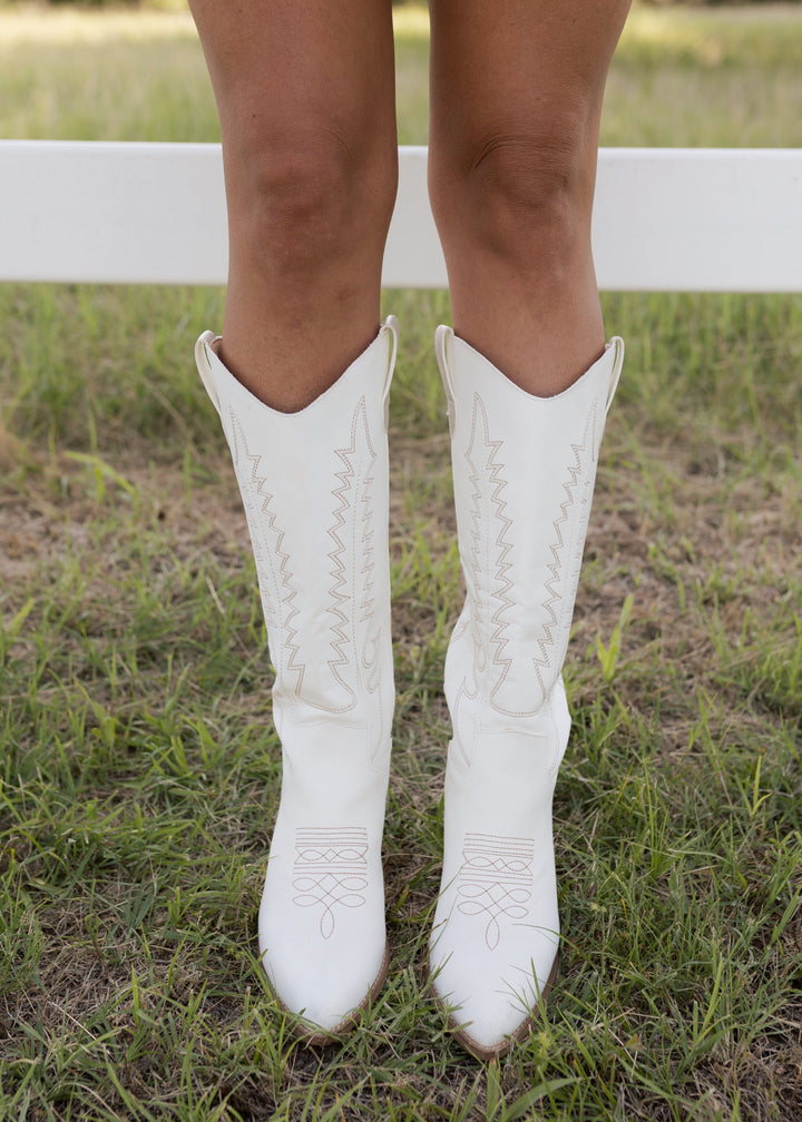 Rebecca's White Embroidered Western Heeled Boots