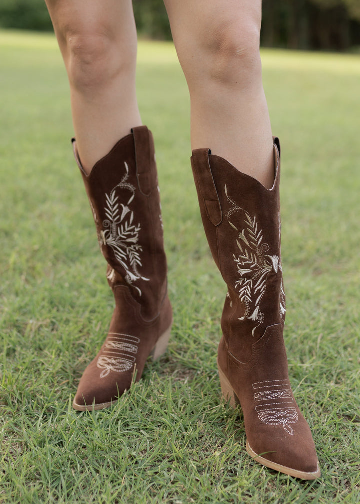 Rebecca's Flora Brown Embroidered Western Boots