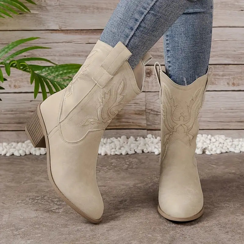Rebecca's Western Embroidered Suede-Look Mid-Calf Boots