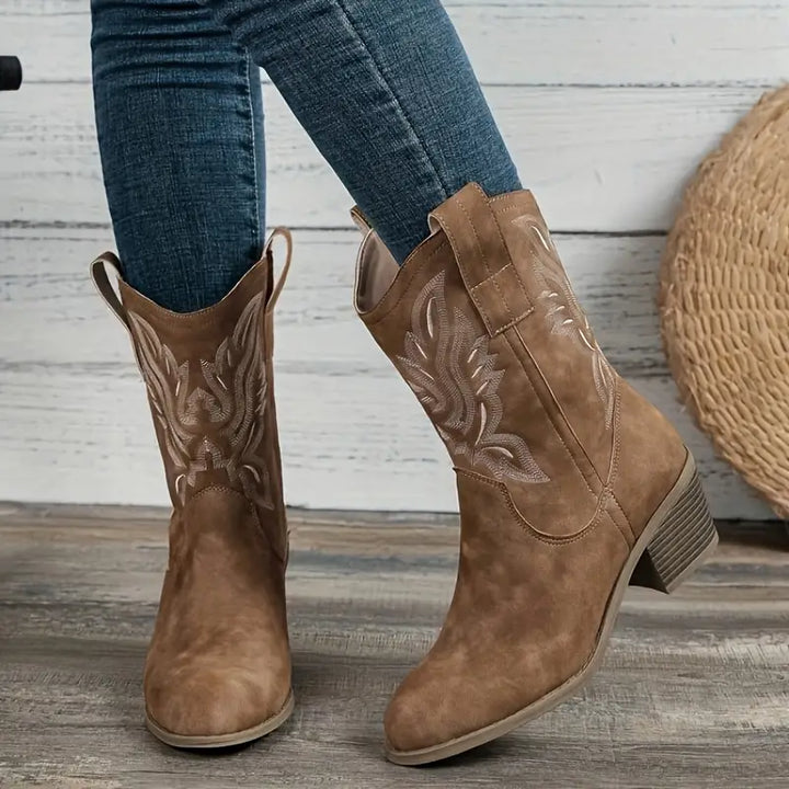 Rebecca's Western Embroidered Suede-Look Mid-Calf Boots