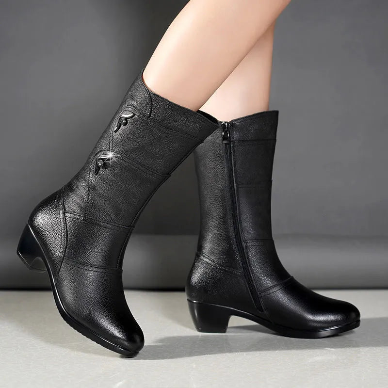 Rebecca's Elegant Mid-Calf Stitch Detail Comfort Boots