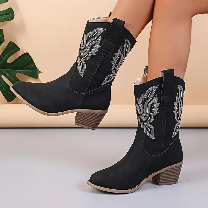 Rebecca's Western Embroidered Suede-Look Mid-Calf Boots